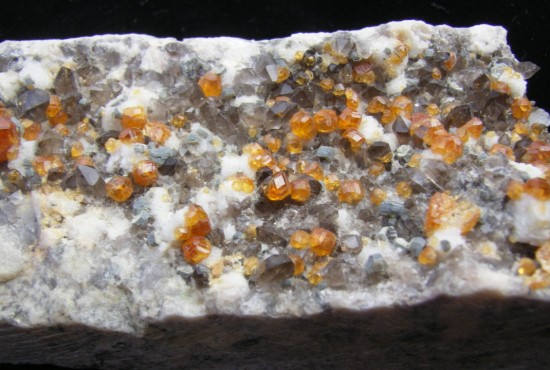 Spessartine Garnets, Smokey Quartz and Limonite After Pyrite Cubes - China